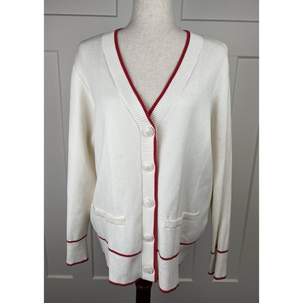 Maeve Anthropologie Ivory Red Trim Cardigan Button Front Sweater Size L Preppy